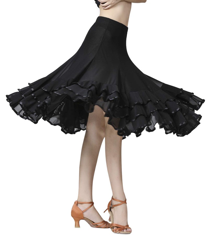 ZX Z&X Women's Ballroom Dancing 360 Degree Long Swing Latin Salsa Rumba Flamenco Dance Skirts for Practice, Black, One Size - Image 1